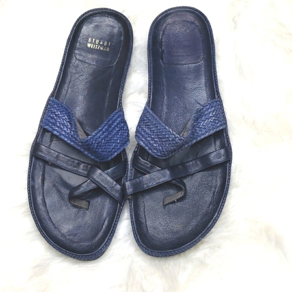 Stuart Weitzman Sandal 10.5M Navy Braided Toe Loop Slide Slip On - Picture 1 of 9